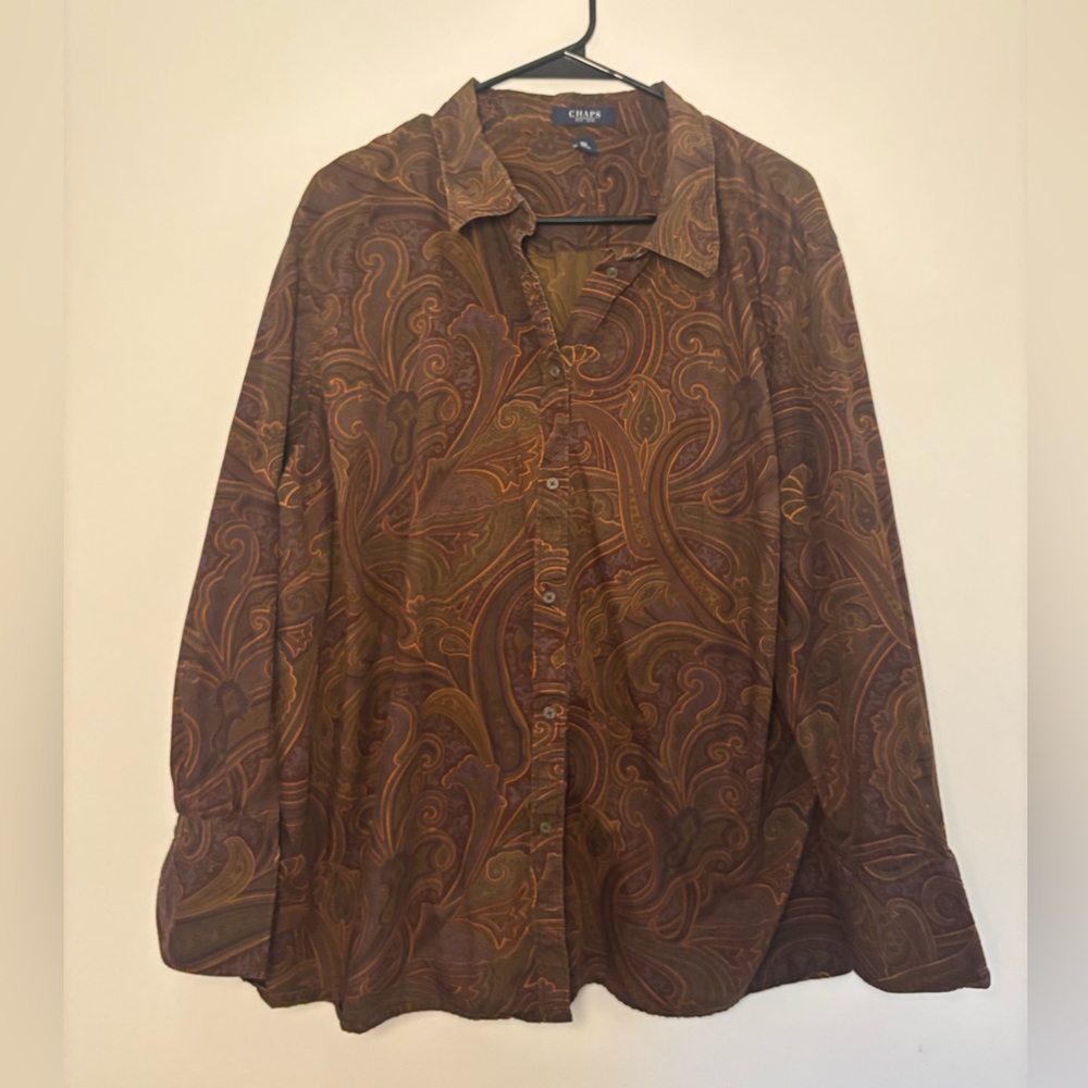 CHAPS Retro Brown Paisley Button Down Shirt 100% Cotton Size 3X